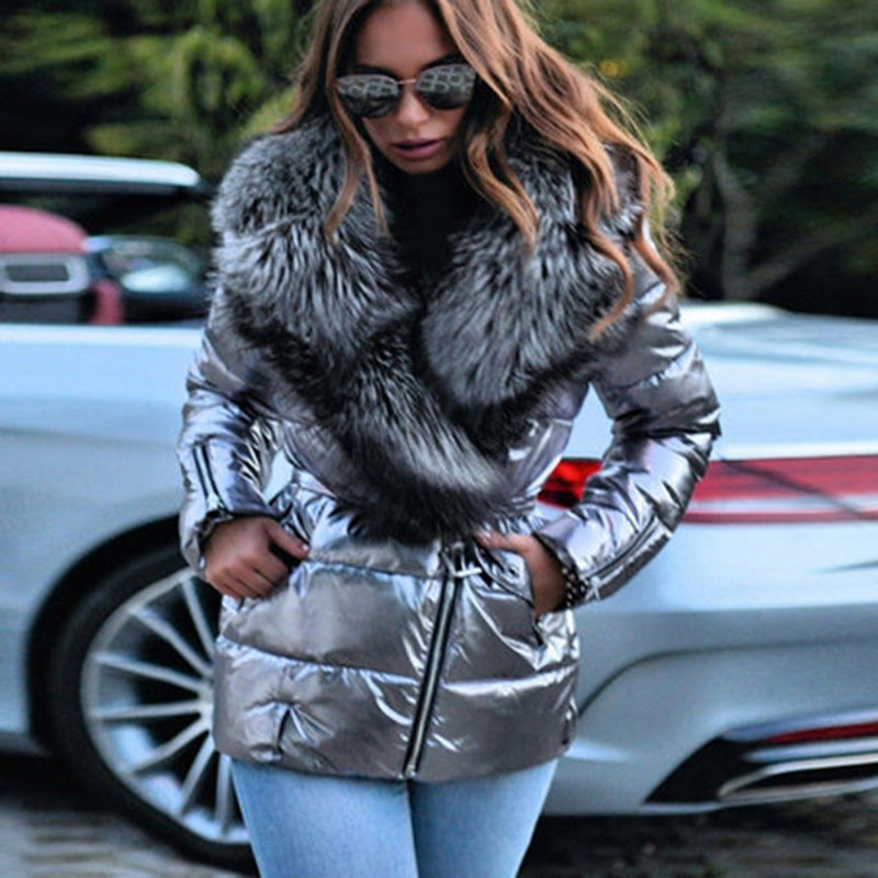 Women’s Metallic Belted Puffer Jacket – Faux-Fur Shawl Collar Winter Coat with Quilted Insulation and Statement Finish
