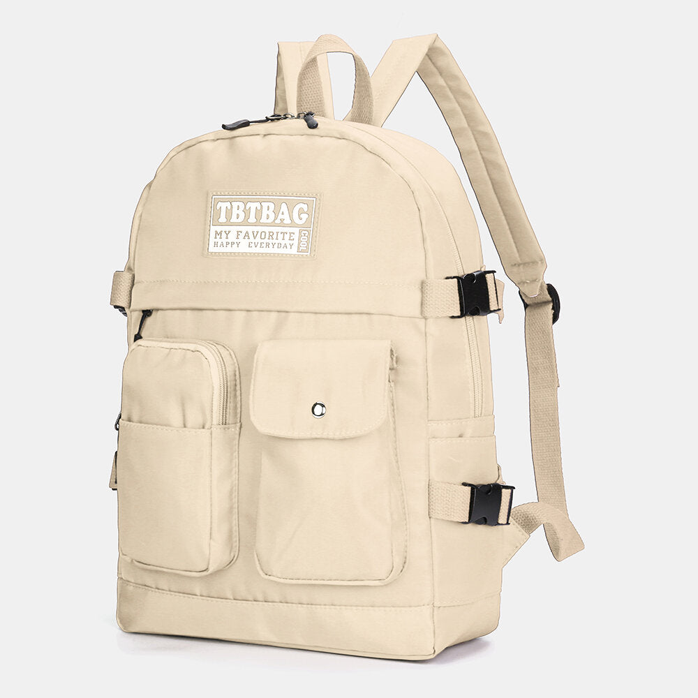 Women’s Multi-Pocket Nylon Backpack – Casual School Bag with Front Utility Pouches and Adjustable Straps