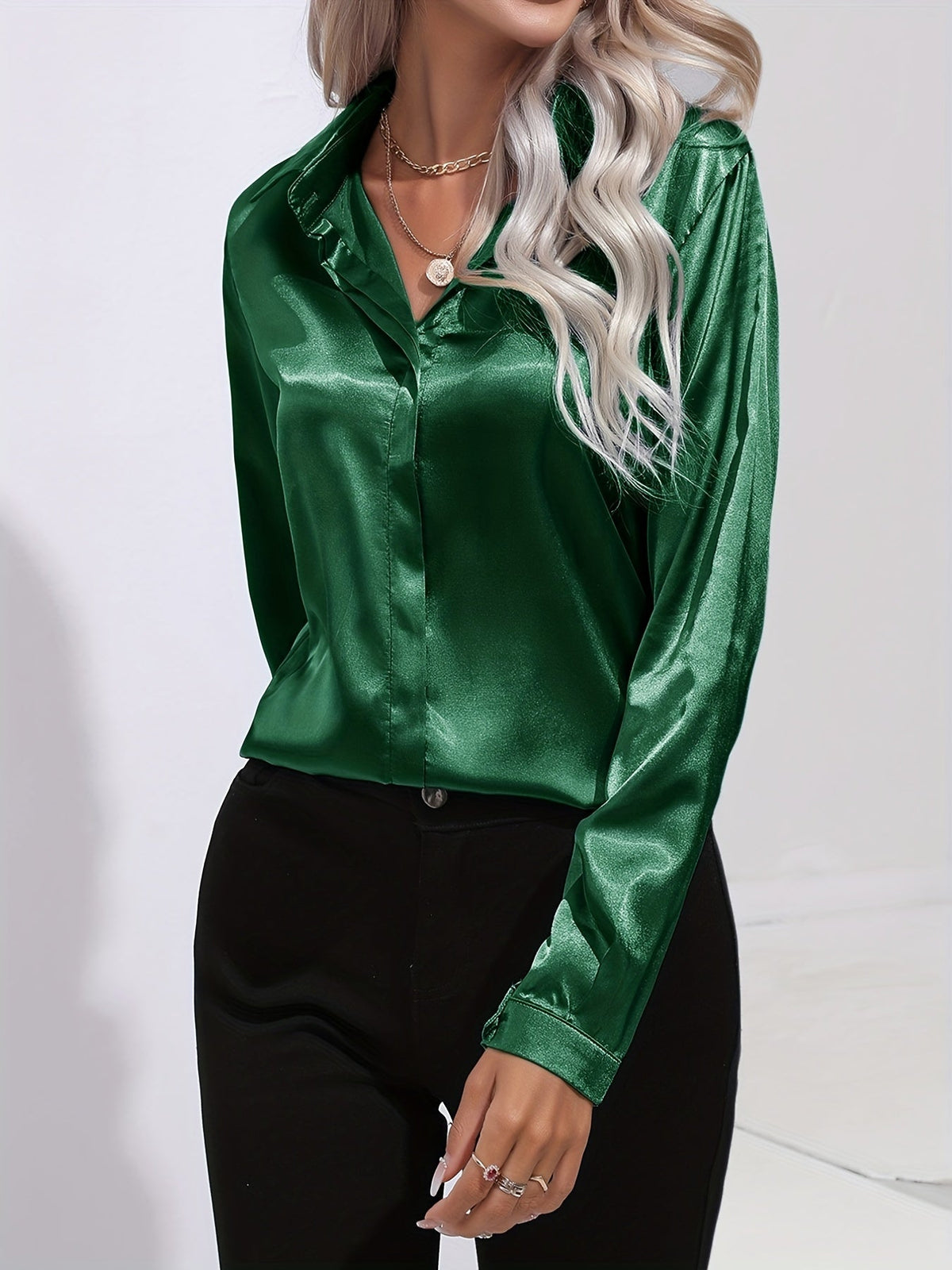 Women’s Satin Collared Blouse – Lustrous Long-Sleeve Style for Office and Evening Dressing
