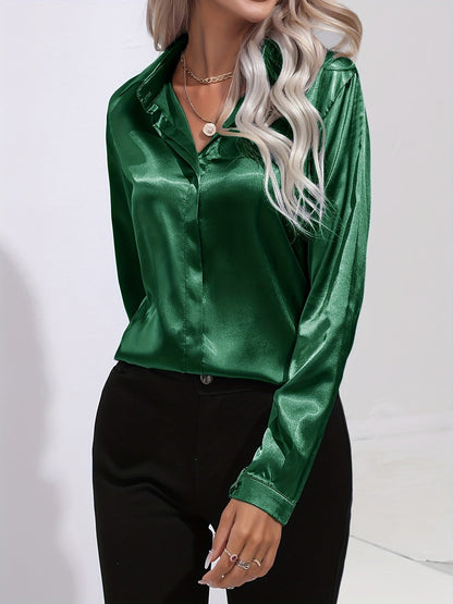 Women’s Satin Collared Blouse – Lustrous Long-Sleeve Style for Office and Evening Dressing