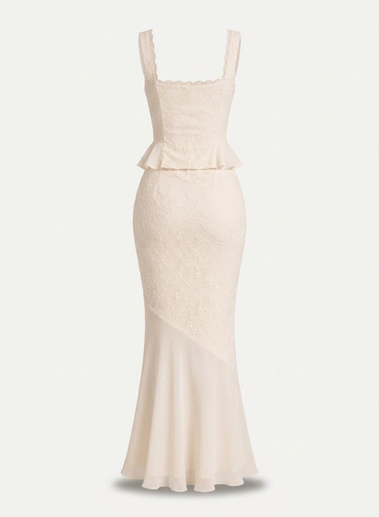 Women’s Lace Two-Piece Skirt Set – Fitted Peplum Top with Flared Maxi Skirt for Weddings and Summer Occasions