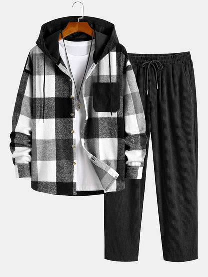 Men’s Hooded Flannel Shirt and Corduroy Trouser Set – Relaxed Autumn Casualwear