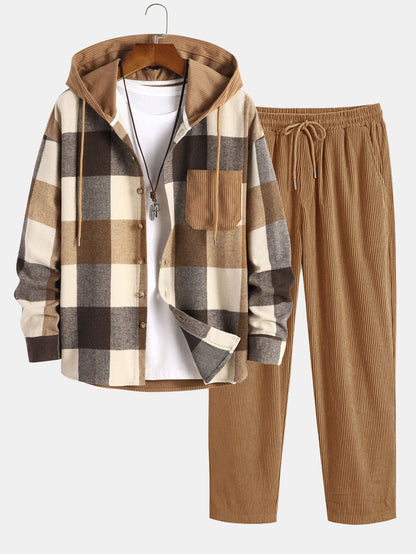 Men’s Hooded Flannel Shirt and Corduroy Trouser Set – Relaxed Autumn Casualwear