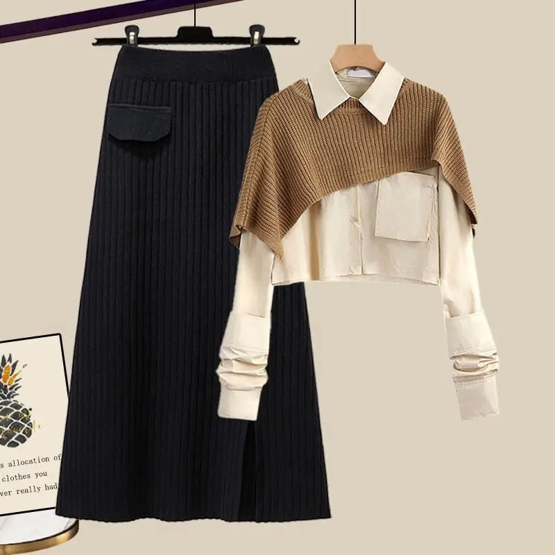 Women’s Layered Three-Piece Winter Outfit Set – Collared Shirt Knit Shoulder Wrap and Ribbed Maxi Skirt for Elegant Seasonal Styling