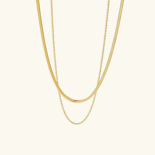 Women’s Layered Gold-Plated Necklace – Double Stainless Steel Chain with Mixed Textures for Everyday and Evening Wear