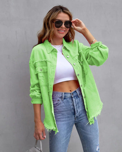 Women’s Distressed Oversized Denim Jacket – Raw-Edge Button-Front Layer with Utility Chest Pockets