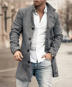 Men’s Single-Breasted Mid-Length Overcoat – Textured Tailored Layer with High Collar and Button Front