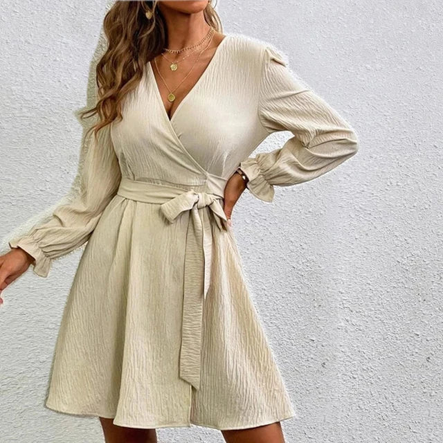 Women’s Belted Wrap Dress – V-Neck Long-Sleeve Style for Smart Casual Wear