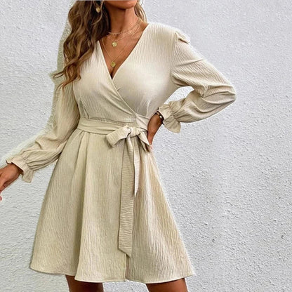 Women’s Belted Wrap Dress – V-Neck Long-Sleeve Style for Smart Casual Wear