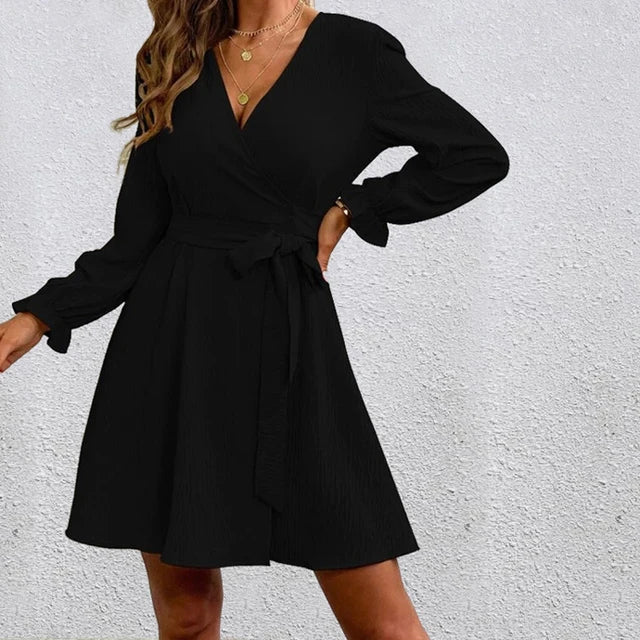 Women’s Belted Wrap Dress – V-Neck Long-Sleeve Style for Smart Casual Wear