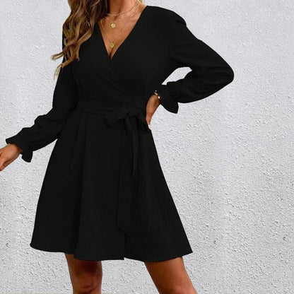 Women’s Belted Wrap Dress – V-Neck Long-Sleeve Style for Smart Casual Wear