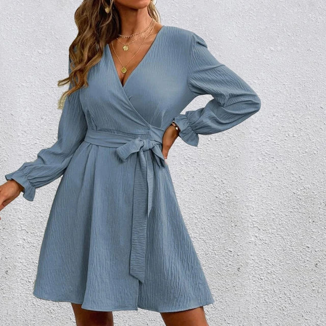 Women’s Belted Wrap Dress – V-Neck Long-Sleeve Style for Smart Casual Wear