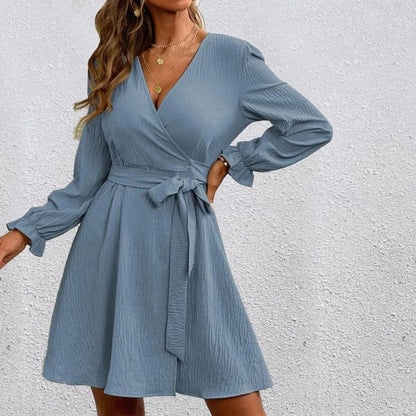 Women’s Belted Wrap Dress – V-Neck Long-Sleeve Style for Smart Casual Wear