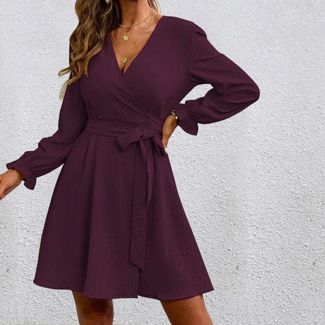 Women’s Belted Wrap Dress – V-Neck Long-Sleeve Style for Smart Casual Wear