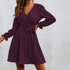Women’s Belted Wrap Dress – V-Neck Long-Sleeve Style for Smart Casual Wear