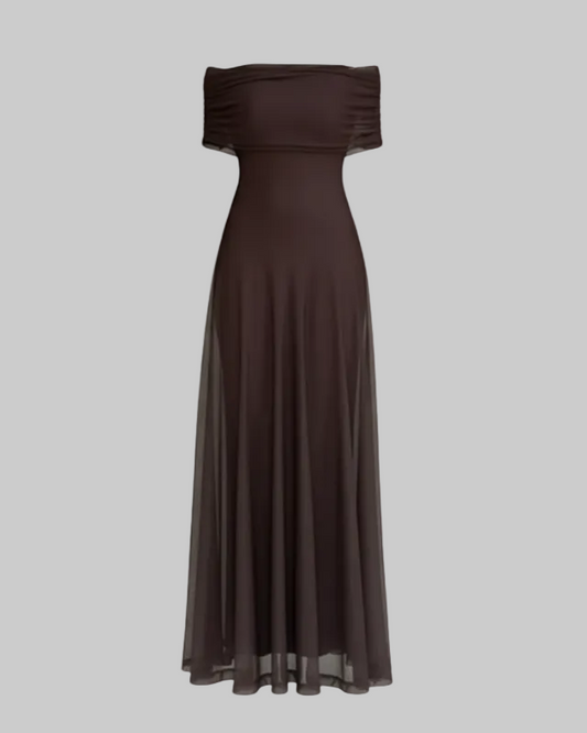 Women’s Off-Shoulder Draped Maxi Dress – Fluid Silhouette for Summer Evenings and Events