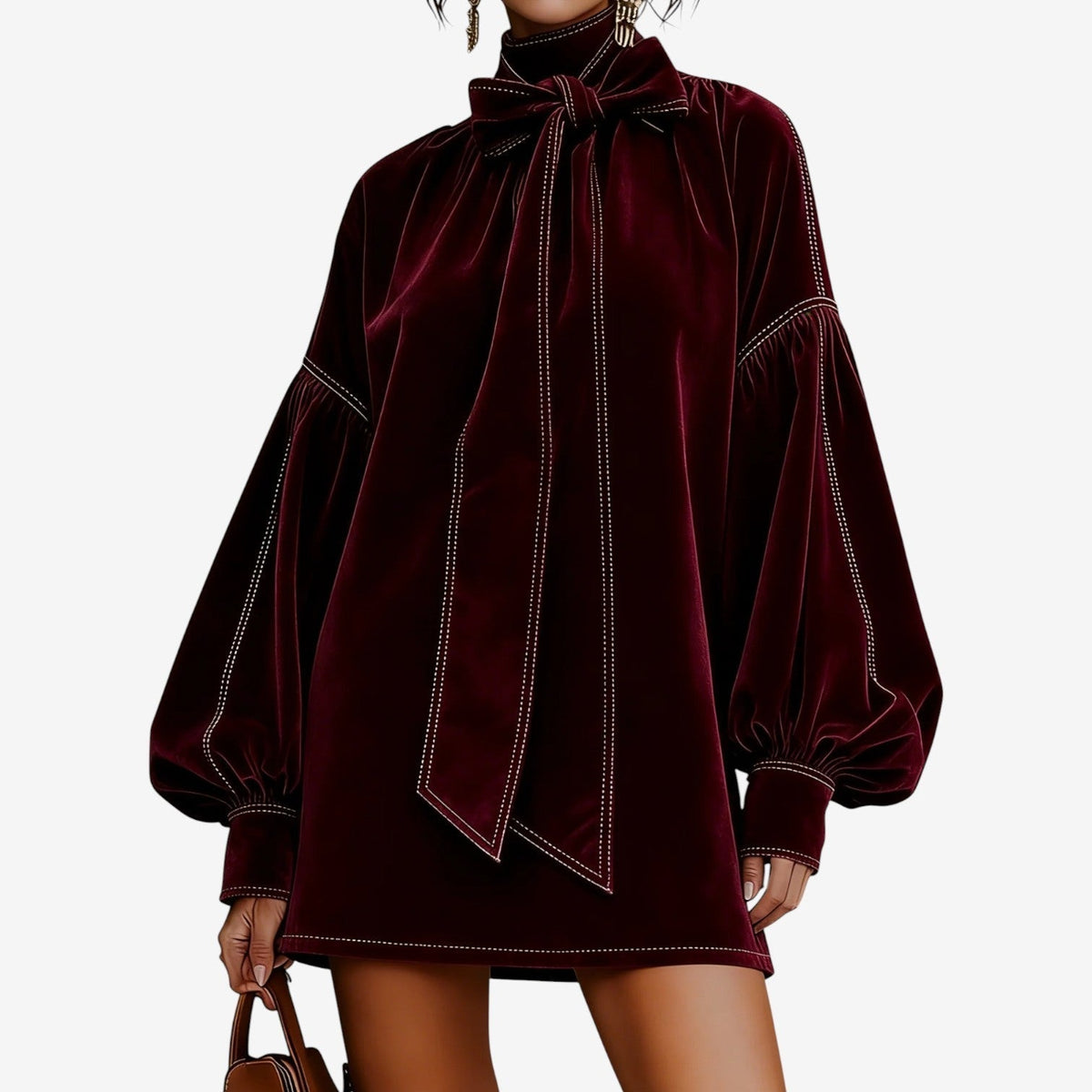 Women’s Bow Neck Mini Dress – Puff Sleeve Autumn and Winter Occasion Wear