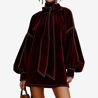 Women’s Bow Neck Mini Dress – Puff Sleeve Autumn and Winter Occasion Wear