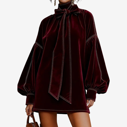 Women’s Bow Neck Mini Dress – Puff Sleeve Autumn and Winter Occasion Wear
