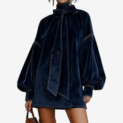 Women’s Bow Neck Mini Dress – Puff Sleeve Autumn and Winter Occasion Wear