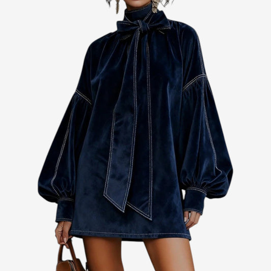 Women’s Bow Neck Mini Dress – Puff Sleeve Autumn and Winter Occasion Wear
