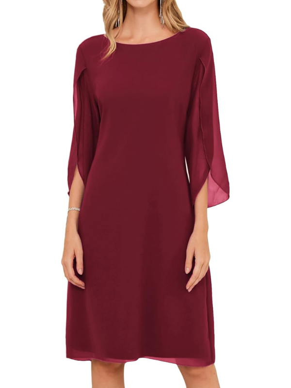 Women’s Layered-Sleeve Midi Shift Dress – Flowing Style for Smart Occasions