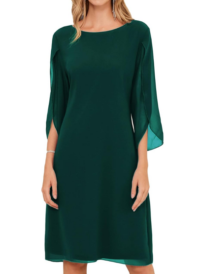 Women’s Layered-Sleeve Midi Shift Dress – Flowing Style for Smart Occasions
