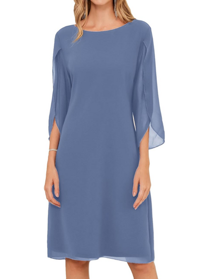 Women’s Layered-Sleeve Midi Shift Dress – Flowing Style for Smart Occasions