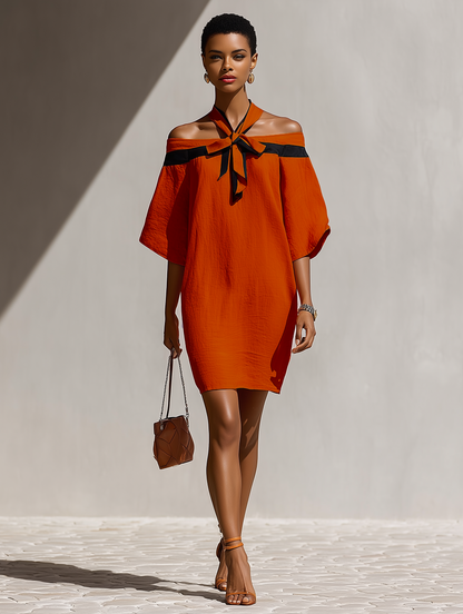Women’s Off-Shoulder Mini Dress – Bow Detail Balloon-Sleeve Style for Smart Occasions