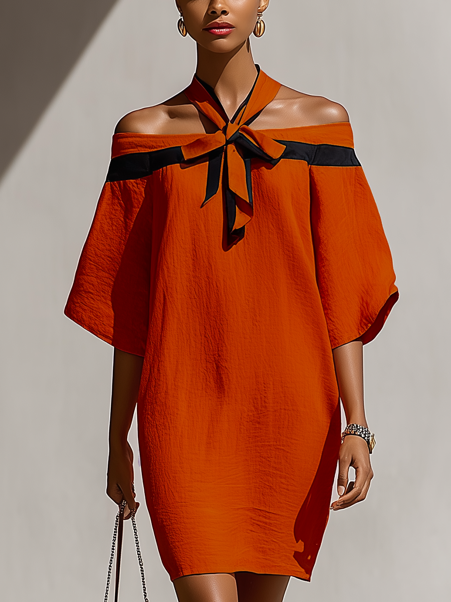 Women’s Off-Shoulder Mini Dress – Bow Detail Balloon-Sleeve Style for Smart Occasions