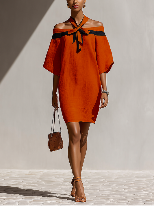 Women’s Off-Shoulder Mini Dress – Bow Detail Balloon-Sleeve Style for Smart Occasions