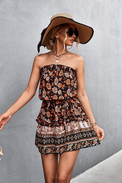 Women’s Strapless Bandeau Mini Dress – Ruffled Printed Festival Style for Spring and Summer