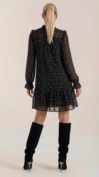 Women’s Chiffon Tie-Neck Mini Dress – Ruffled Autumn Evening Style