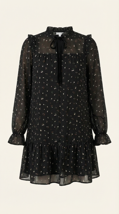 Women’s Chiffon Tie-Neck Mini Dress – Ruffled Autumn Evening Style