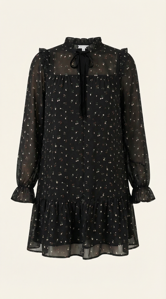 Women’s Chiffon Tie-Neck Mini Dress – Ruffled Autumn Evening Style