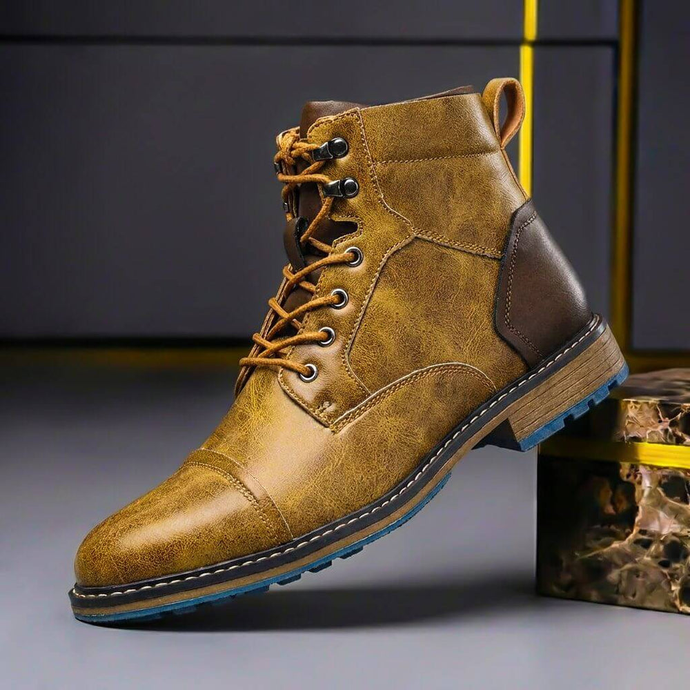 Men’s Genuine Leather Cap-Toe Boots – Lace-Up Ankle Style for Smart Casual and Winter Wear