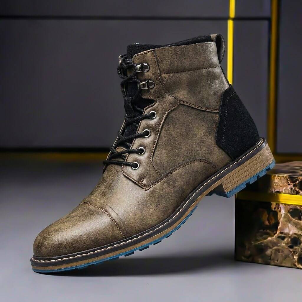 Men’s Genuine Leather Cap-Toe Boots – Lace-Up Ankle Style for Smart Casual and Winter Wear