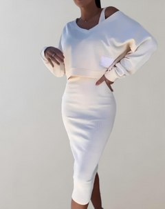 Women’s V-Neck Knit Midi Skirt Set – Soft Pullover and Slim-Fit Coordinated Outfit