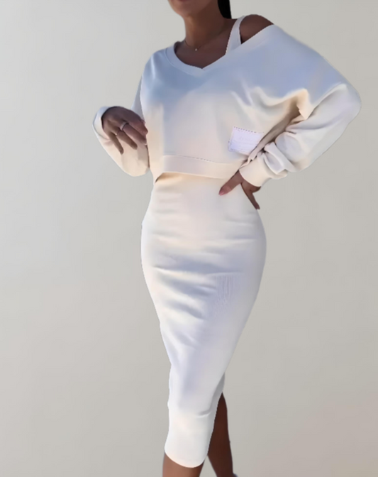 Women’s V-Neck Knit Midi Skirt Set – Soft Pullover and Slim-Fit Coordinated Outfit
