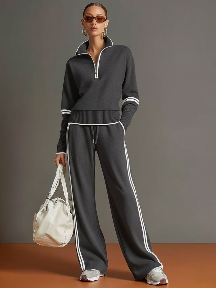Women’s Half Zip Lounge Set – Soft Stretch Wide Leg Travel Outfit