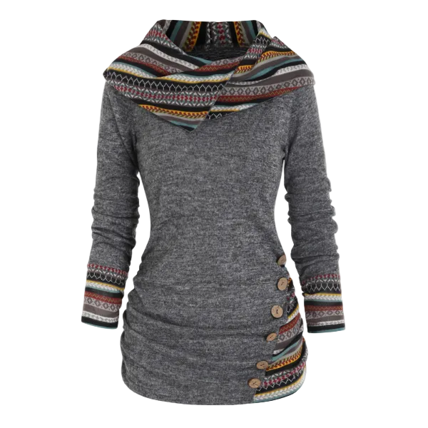 Women’s Tribal Hooded Fleece Sweatshirt – Longline Pullover for Cosy Casual Layering