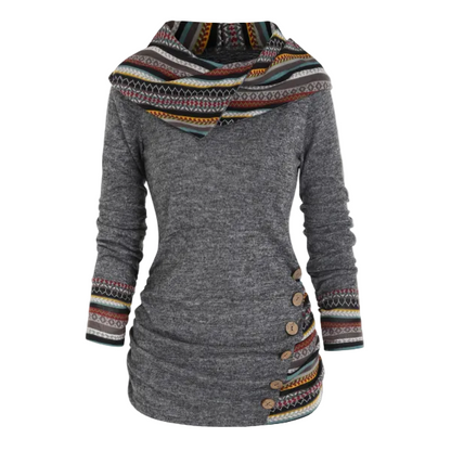 Women’s Tribal Hooded Fleece Sweatshirt – Longline Pullover for Cosy Casual Layering