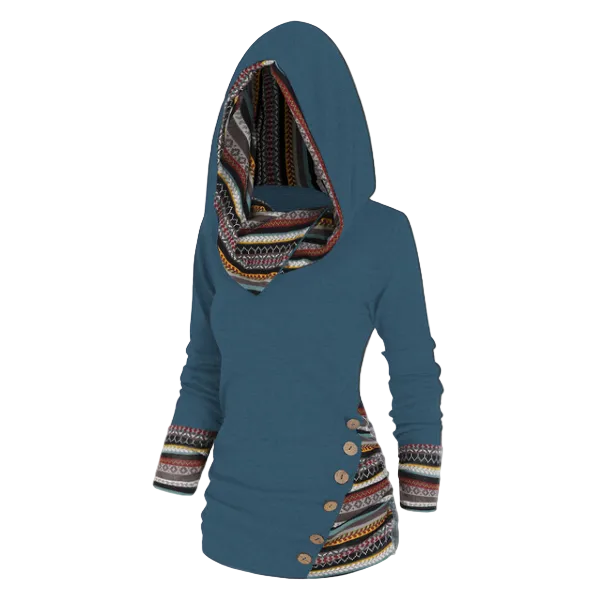 Women’s Tribal Hooded Fleece Sweatshirt – Longline Pullover for Cosy Casual Layering