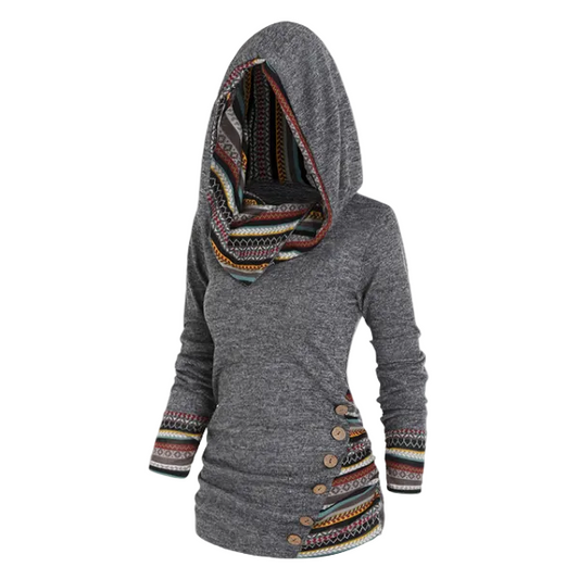 Women’s Tribal Hooded Fleece Sweatshirt – Longline Pullover for Cosy Casual Layering