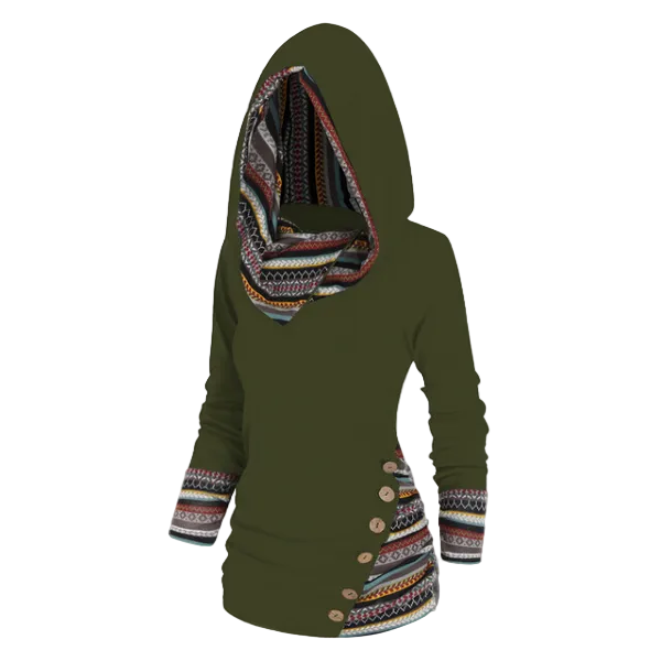 Women’s Tribal Hooded Fleece Sweatshirt – Longline Pullover for Cosy Casual Layering