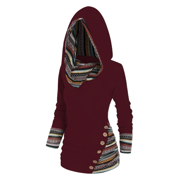 Women’s Tribal Hooded Fleece Sweatshirt – Longline Pullover for Cosy Casual Layering