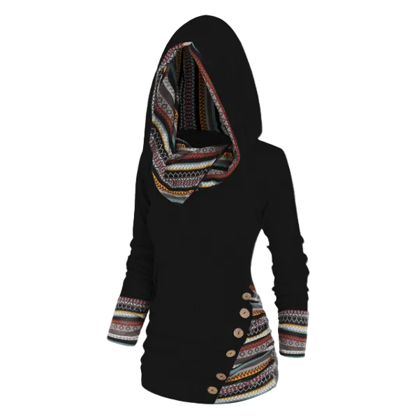 Women’s Tribal Hooded Fleece Sweatshirt – Longline Pullover for Cosy Casual Layering