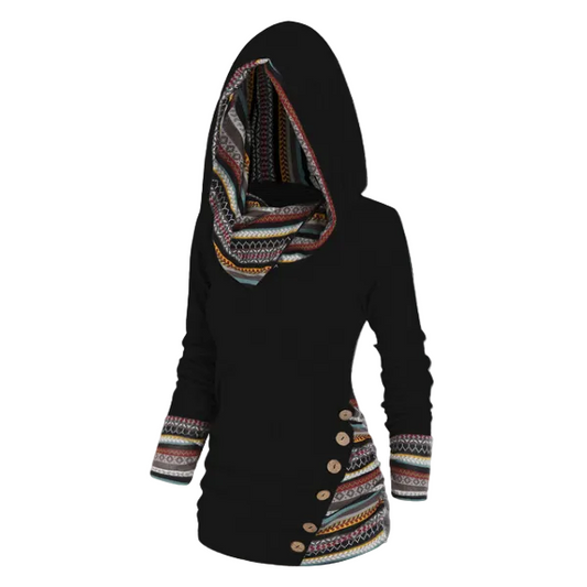 Women’s Tribal Hooded Fleece Sweatshirt – Longline Pullover for Cosy Casual Layering