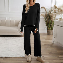 Women’s Split-Detail Knit Two-Piece Set – Crew-Neck Relaxed Top with Wide-Leg Trousers for Everyday Wear