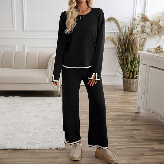 Women’s Split-Detail Knit Two-Piece Set – Crew-Neck Relaxed Top with Wide-Leg Trousers for Everyday Wear